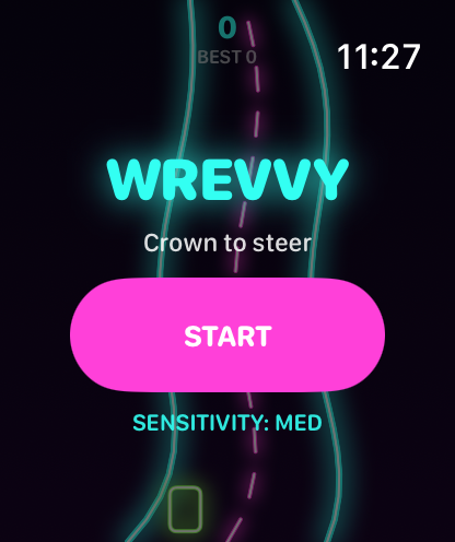 Wrevvy title screen on an Apple Watch: a glowing cyan WREVVY wordmark over a neon road, with a magenta START button.